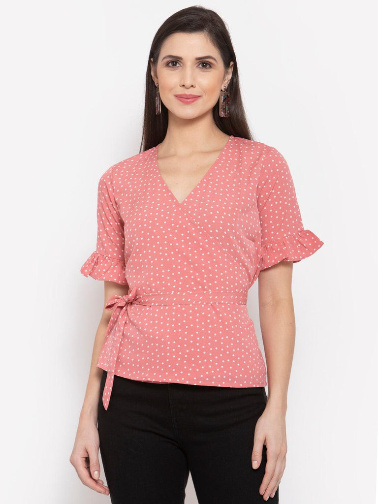 Womens Polka dots Printed Bell Sleeve Crepe Wrap Top-Tops-StyleQuotient