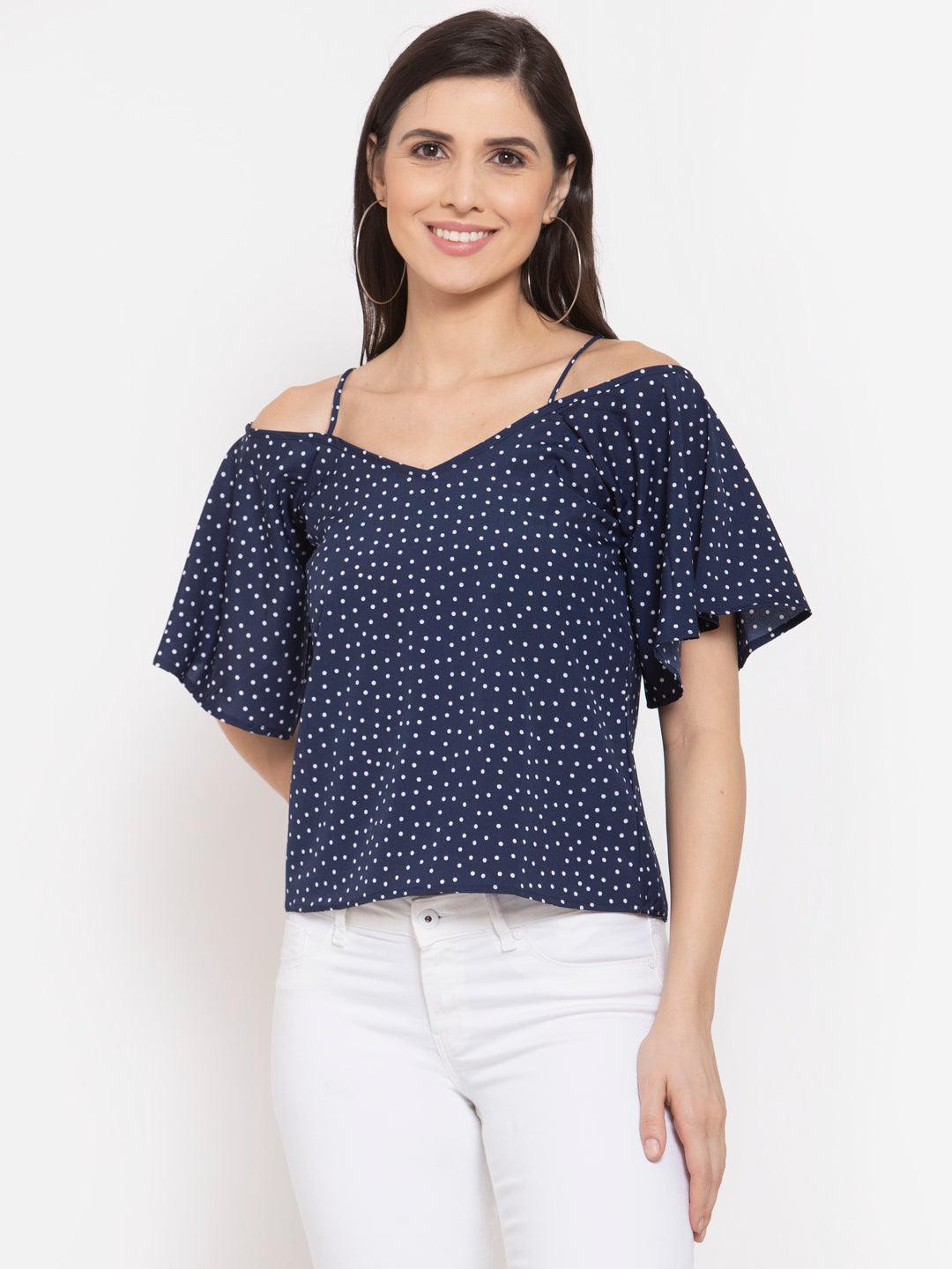 Women Polka dot Printed Crepe Bardot Top-Tops-StyleQuotient