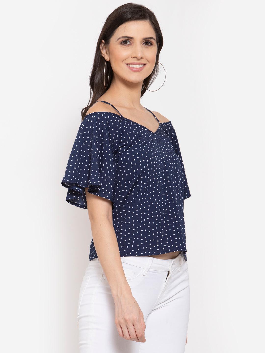 Women Polka dot Printed Crepe Bardot Top-Tops-StyleQuotient