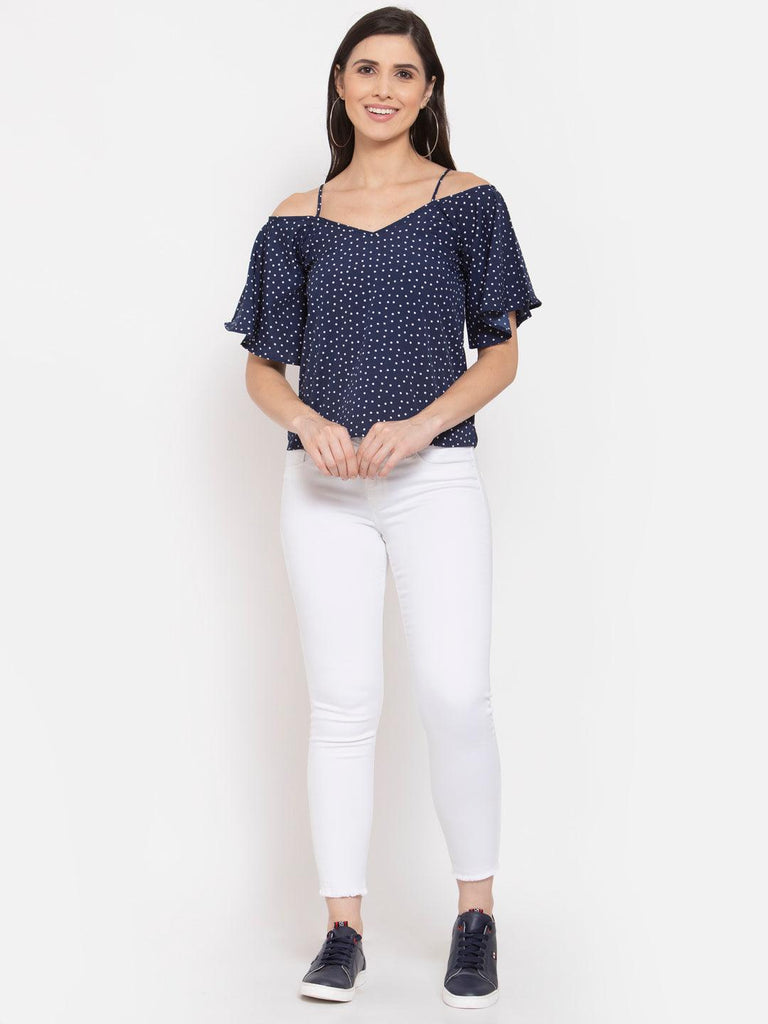 Women Polka dot Printed Crepe Bardot Top-Tops-StyleQuotient