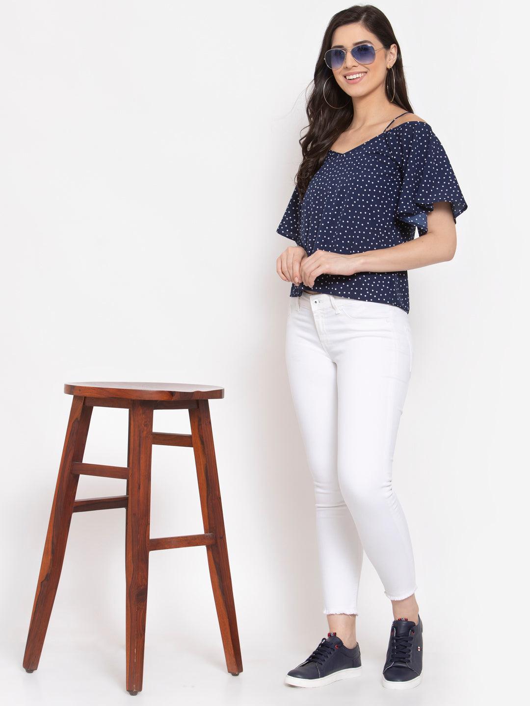 Women Polka dot Printed Crepe Bardot Top-Tops-StyleQuotient