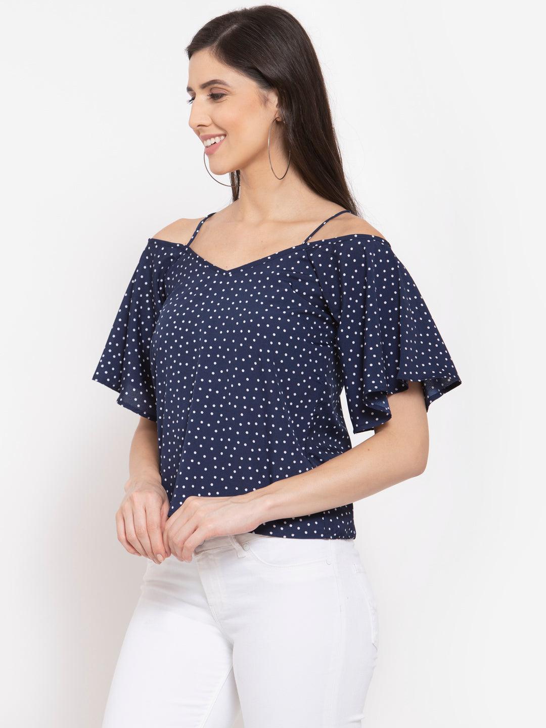 Women Polka dot Printed Crepe Bardot Top-Tops-StyleQuotient