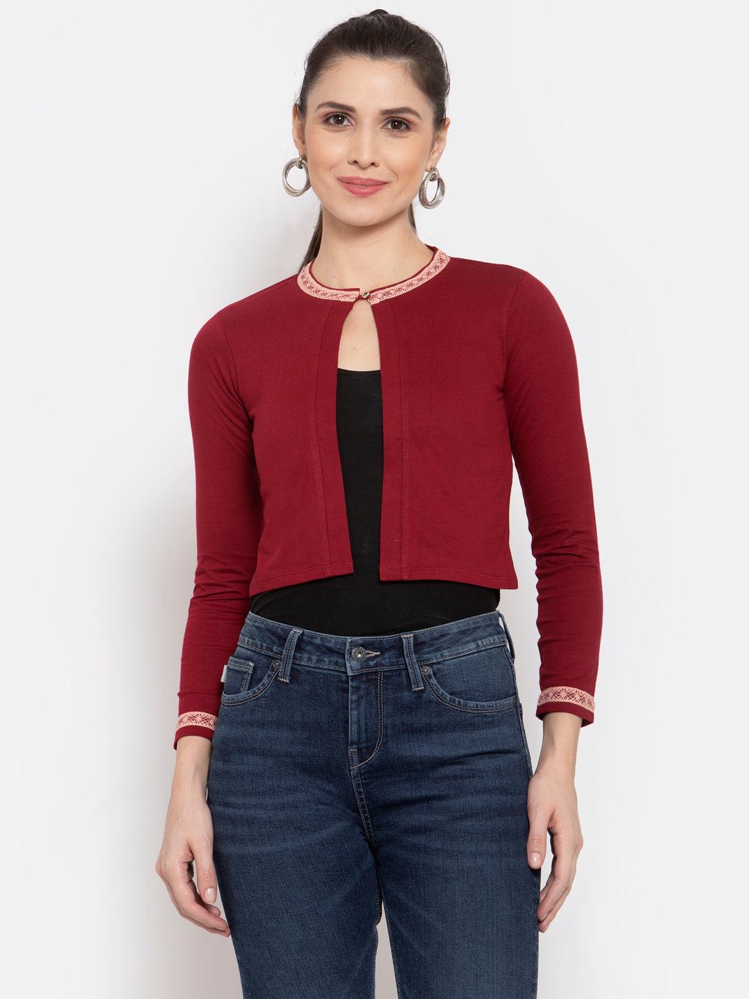 Womens Solid Embroidered Crop Shrug-Shrug-StyleQuotient