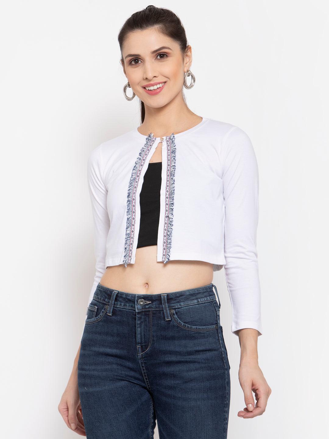 Style Quotient Women Solid White Cotton Smart Casual Crop Shrug-Shrug-StyleQuotient