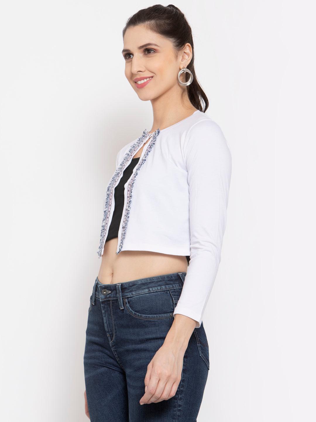 Style Quotient Women Solid White Cotton Smart Casual Crop Shrug-Shrug-StyleQuotient