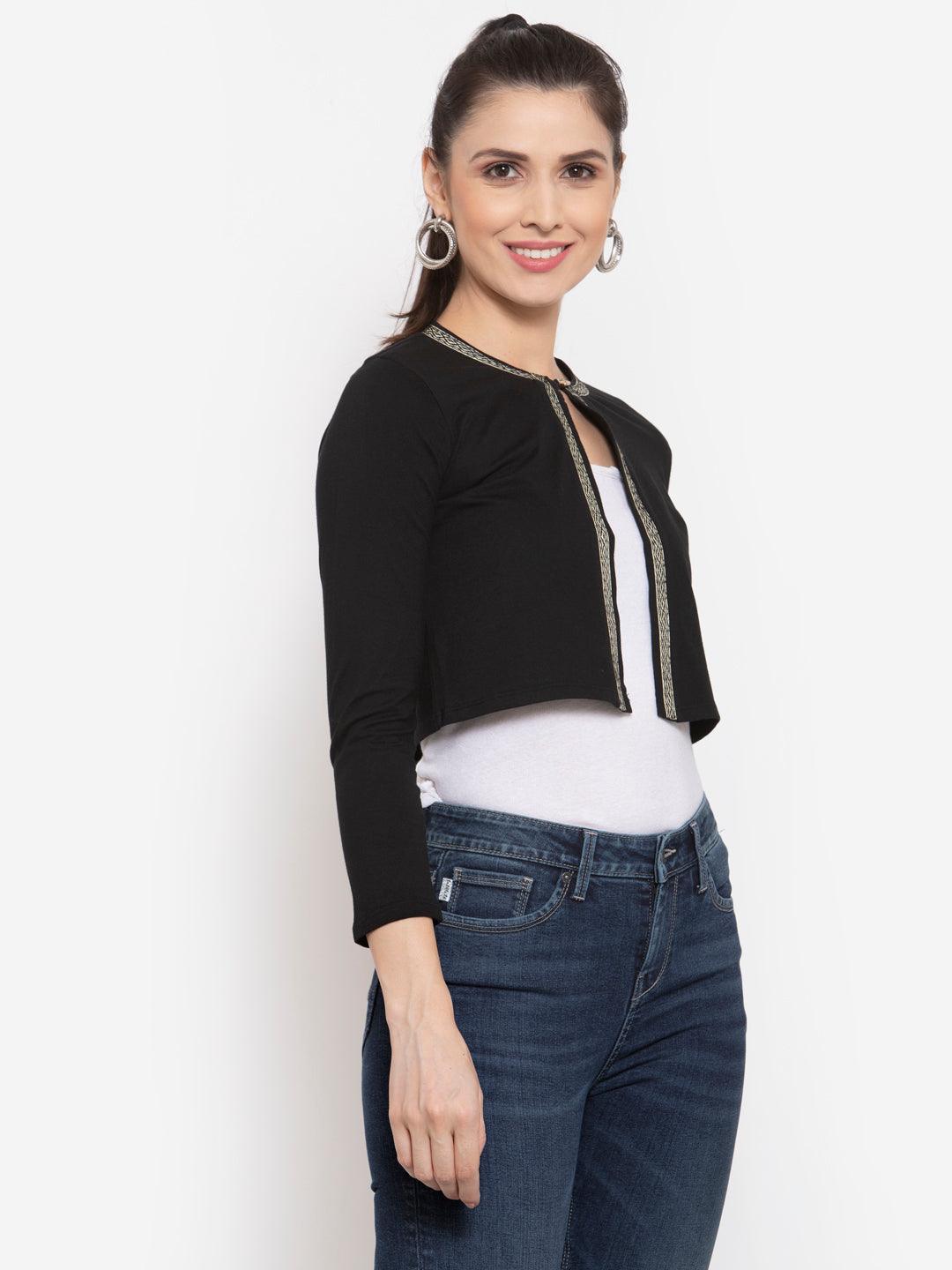 Women Black & White Embellished Crop Shrug-Shrug-StyleQuotient