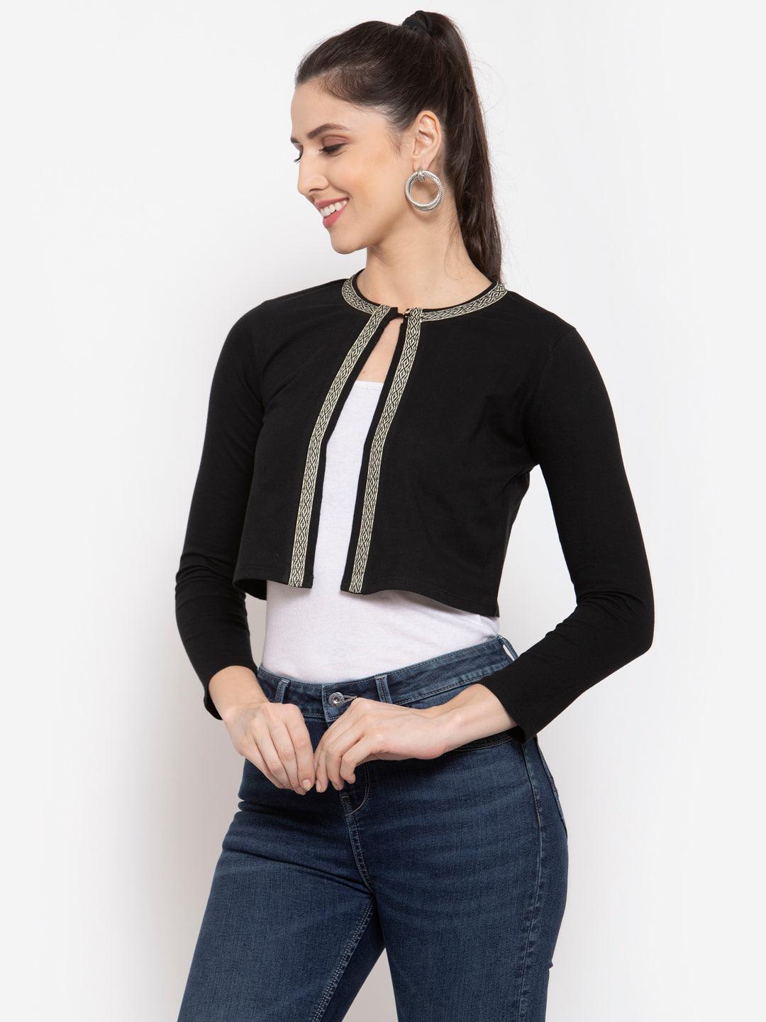 Women Black & White Embellished Crop Shrug-Shrug-StyleQuotient