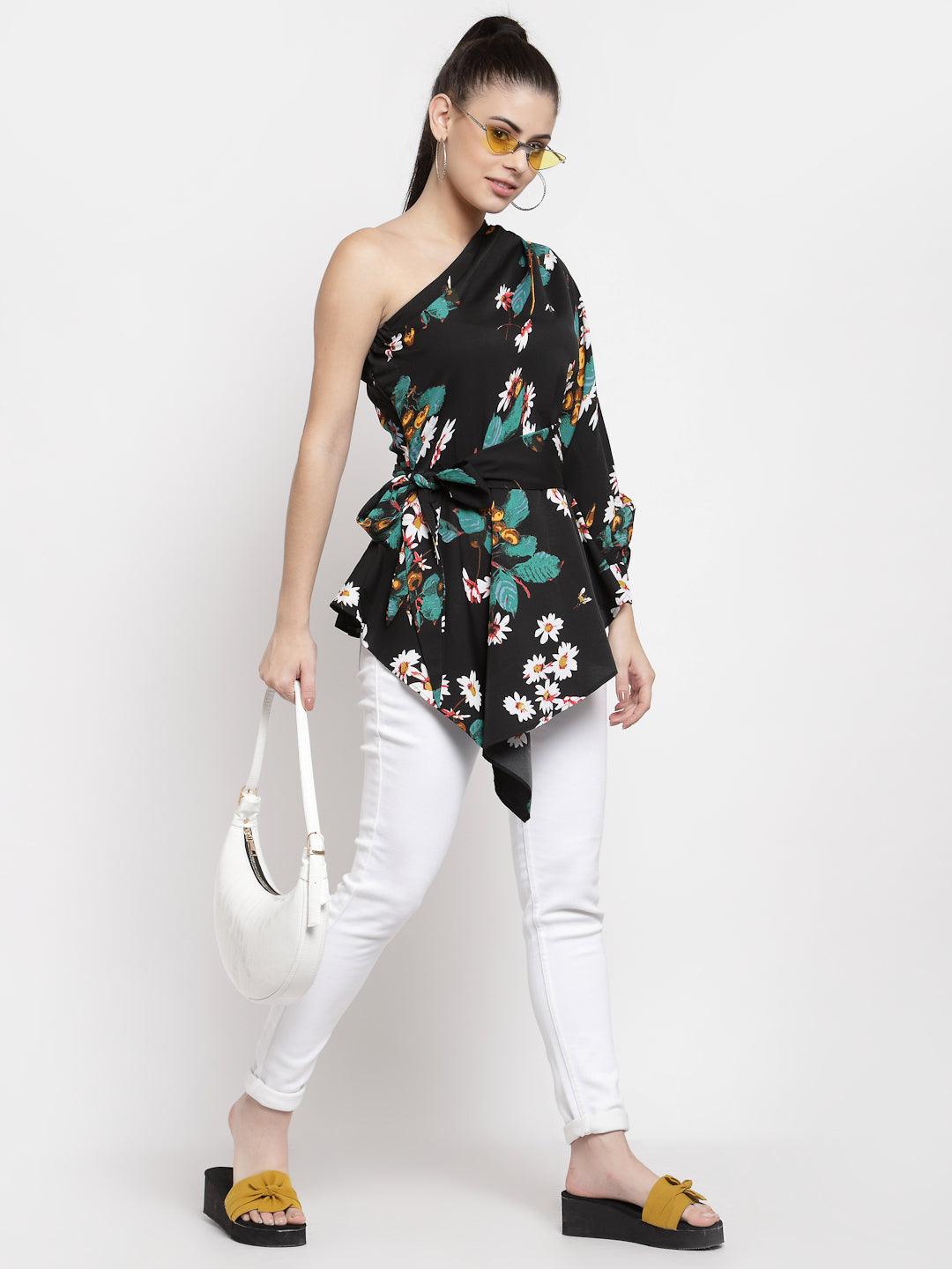 Womens One Shoulder Crepe Regular Longline Top-Tops-StyleQuotient