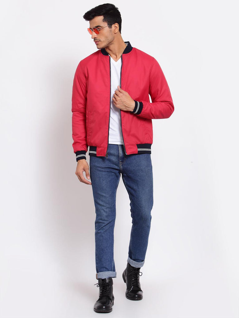 Men White & Coral Reversible Outdoor Varsity Jacket-Men's Jackets-StyleQuotient