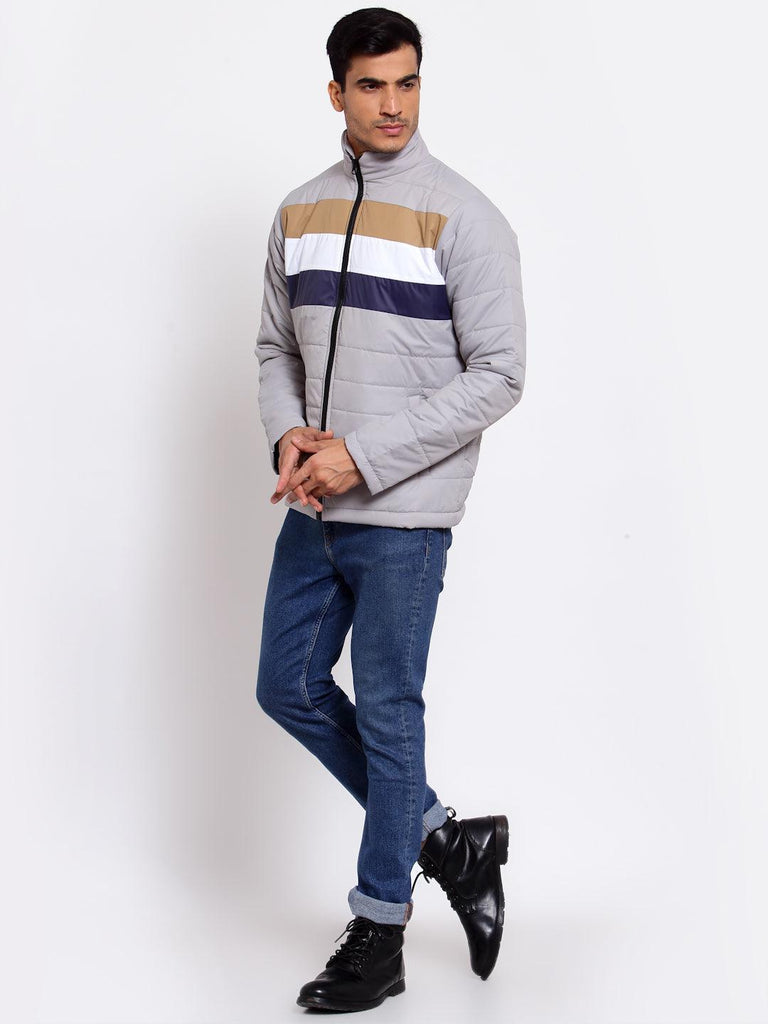 Men Grey & Navy Blue Striped Lightweight Outdoor Padded Jacket-Men's Jackets-StyleQuotient