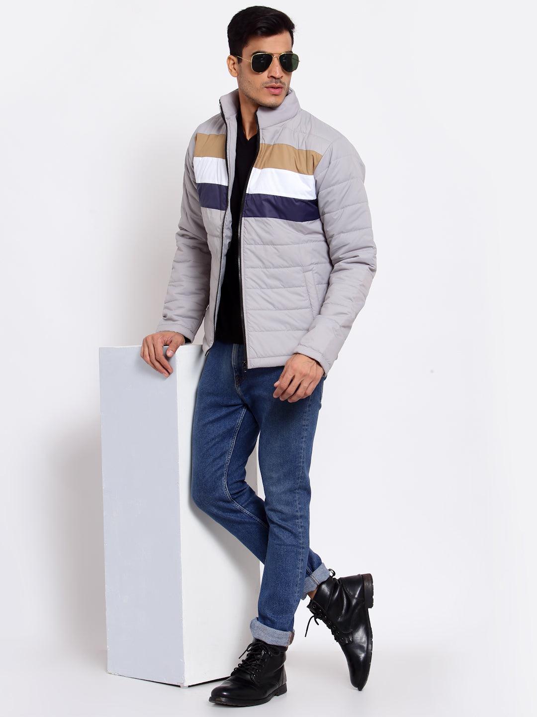 Men Grey & Navy Blue Striped Lightweight Outdoor Padded Jacket-Men's Jackets-StyleQuotient