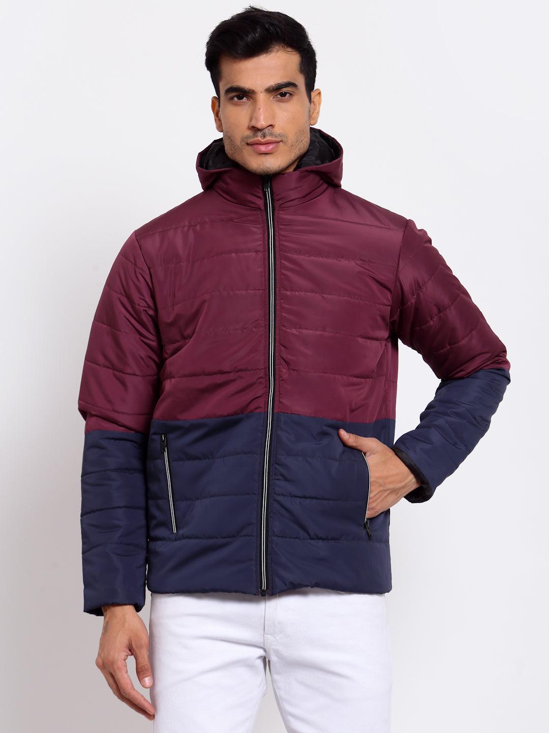 Men Maroon Navy Blue Colourblocked Lightweight Outdoor Puffer Jacket-Men's Jackets-StyleQuotient