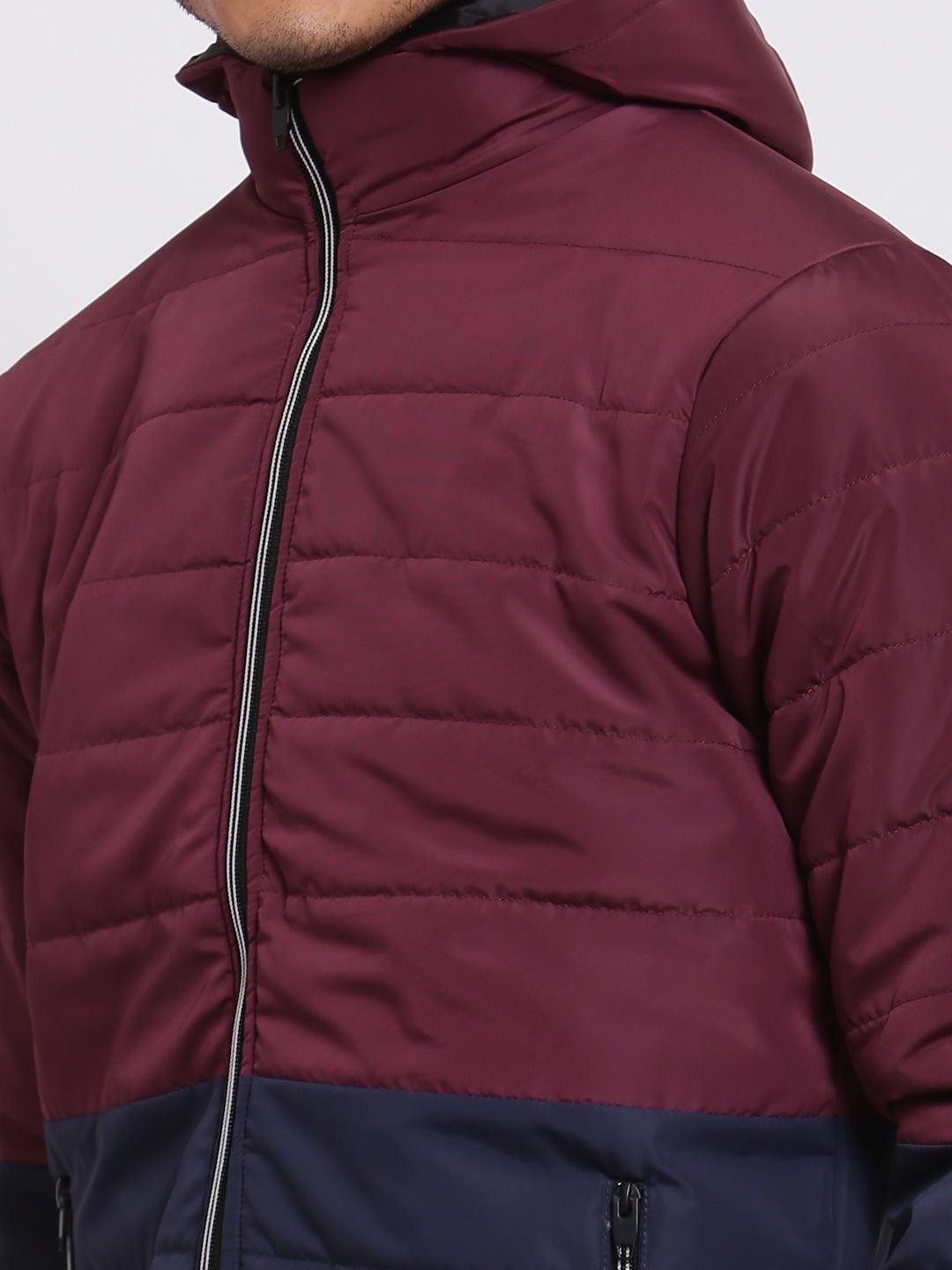 Men Maroon Navy Blue Colourblocked Lightweight Outdoor Puffer Jacket-Men's Jackets-StyleQuotient