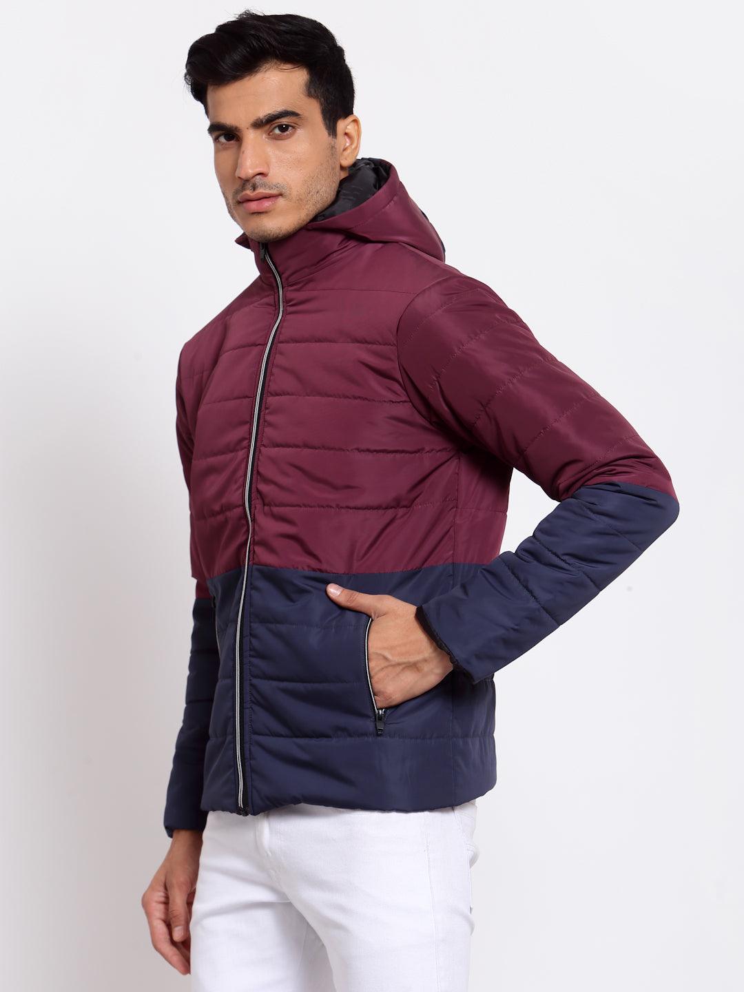 Men Maroon Navy Blue Colourblocked Lightweight Outdoor Puffer Jacket-Men's Jackets-StyleQuotient