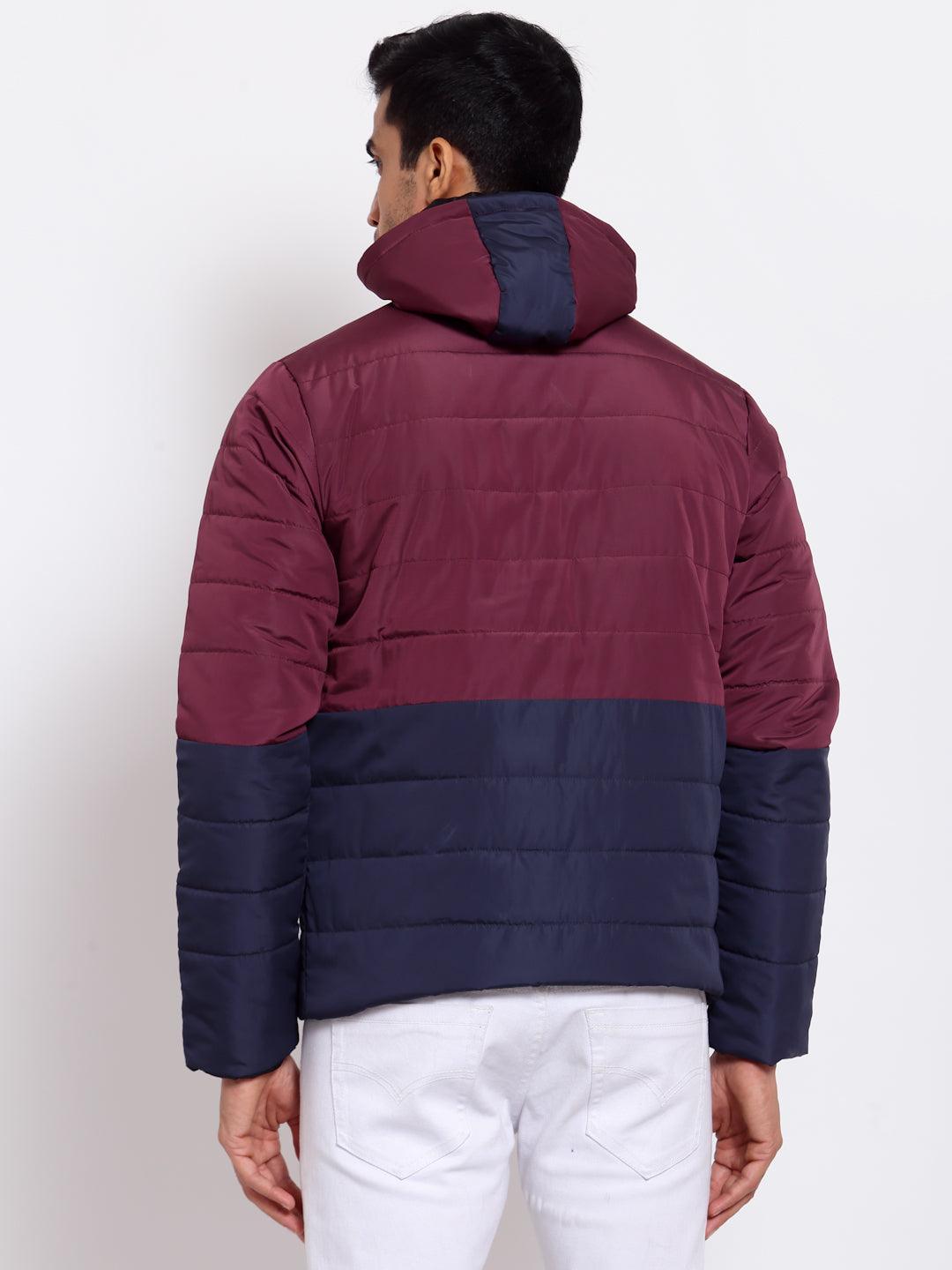 Men Maroon Navy Blue Colourblocked Lightweight Outdoor Puffer Jacket-Men's Jackets-StyleQuotient