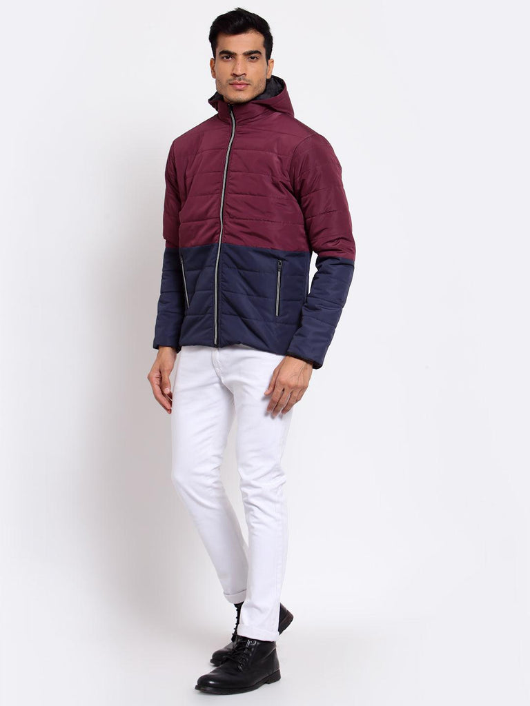 Men Maroon Navy Blue Colourblocked Lightweight Outdoor Puffer Jacket-Men's Jackets-StyleQuotient