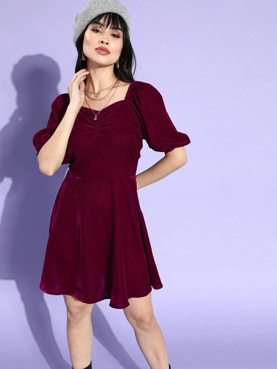 Style Quotient Women Solid Maroon Velvet Smart Casual Mini Dress-Dresses-StyleQuotient