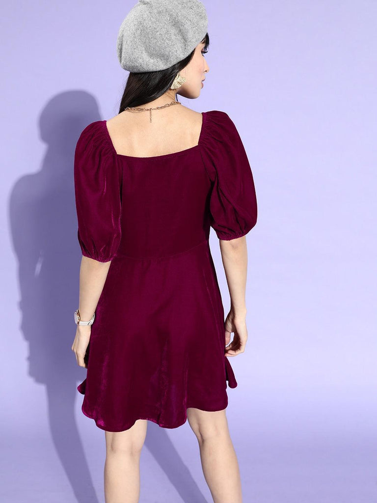 Style Quotient Women Solid Maroon Velvet Smart Casual Mini Dress-Dresses-StyleQuotient