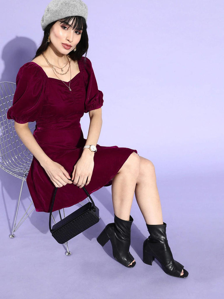 Style Quotient Women Solid Maroon Velvet Smart Casual Mini Dress-Dresses-StyleQuotient