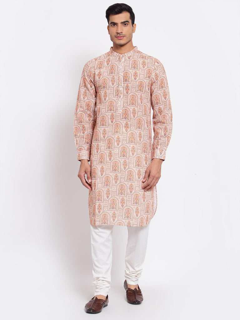 Men Peach-Coloured Printed Thread Work Pathani Kurta-Mens Kurta-StyleQuotient