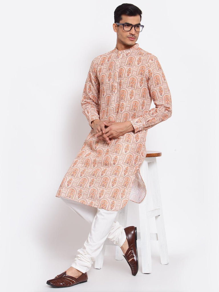Men Peach-Coloured Printed Thread Work Pathani Kurta-Mens Kurta-StyleQuotient