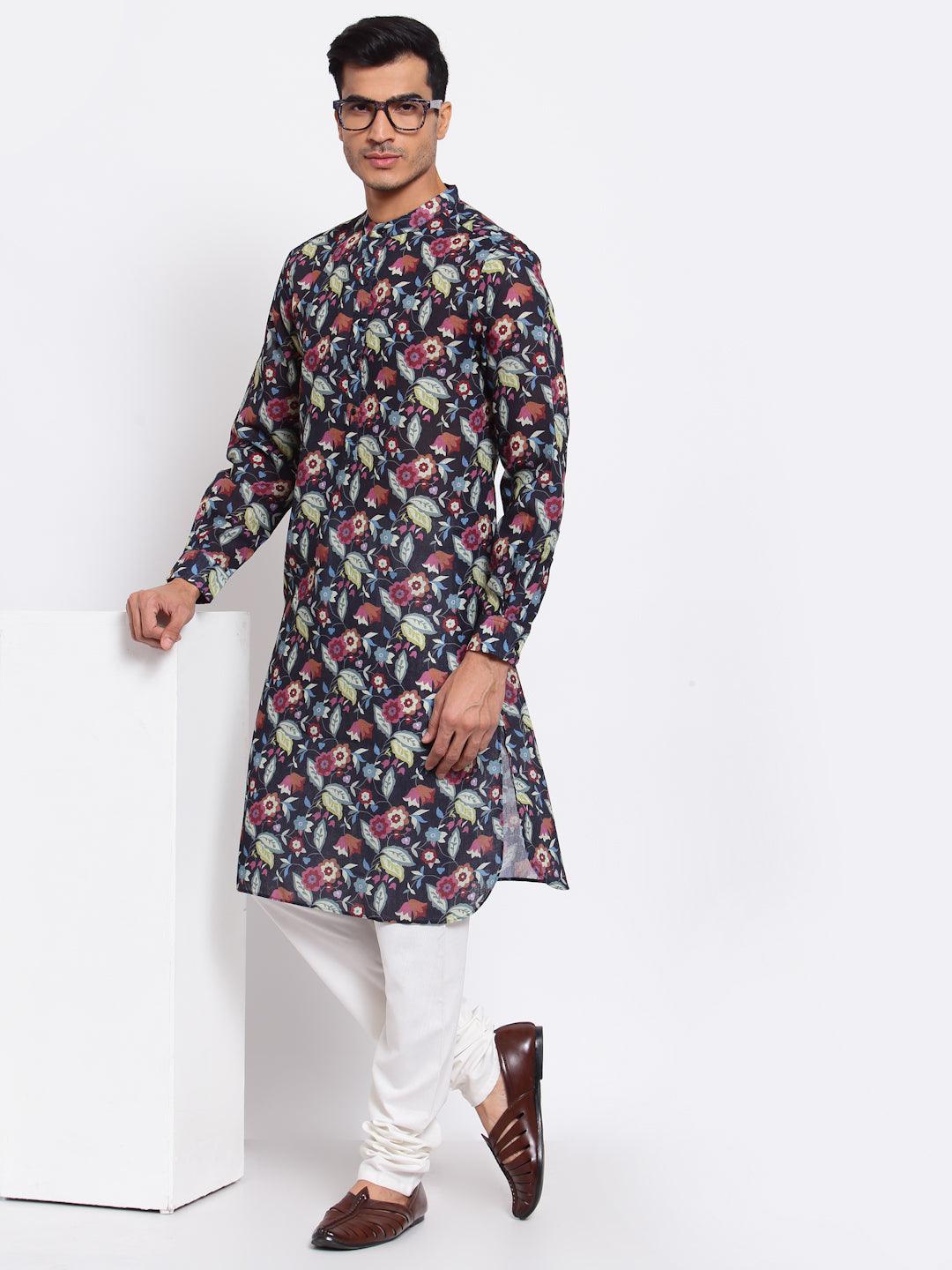 Men Black Floral Printed Thread Work Kurta-Mens Kurta-StyleQuotient