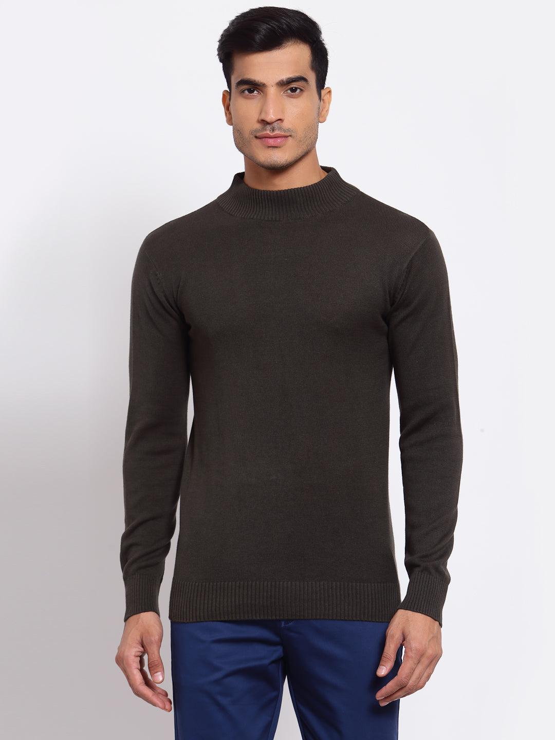 Style Quotient Men Solid Dark Green Knitted Regular Sweatshirt-Men's Sweaters-StyleQuotient