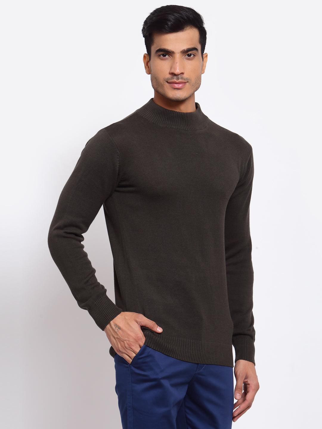 Style Quotient Men Solid Dark Green Knitted Regular Sweatshirt-Men's Sweaters-StyleQuotient