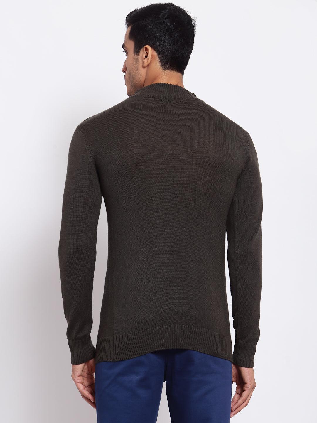 Style Quotient Men Solid Dark Green Knitted Regular Sweatshirt-Men's Sweaters-StyleQuotient