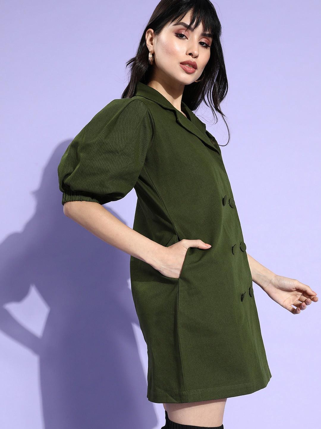 Style Quotient Women Olive Green Cotton Blazer Dress-Dresses-StyleQuotient