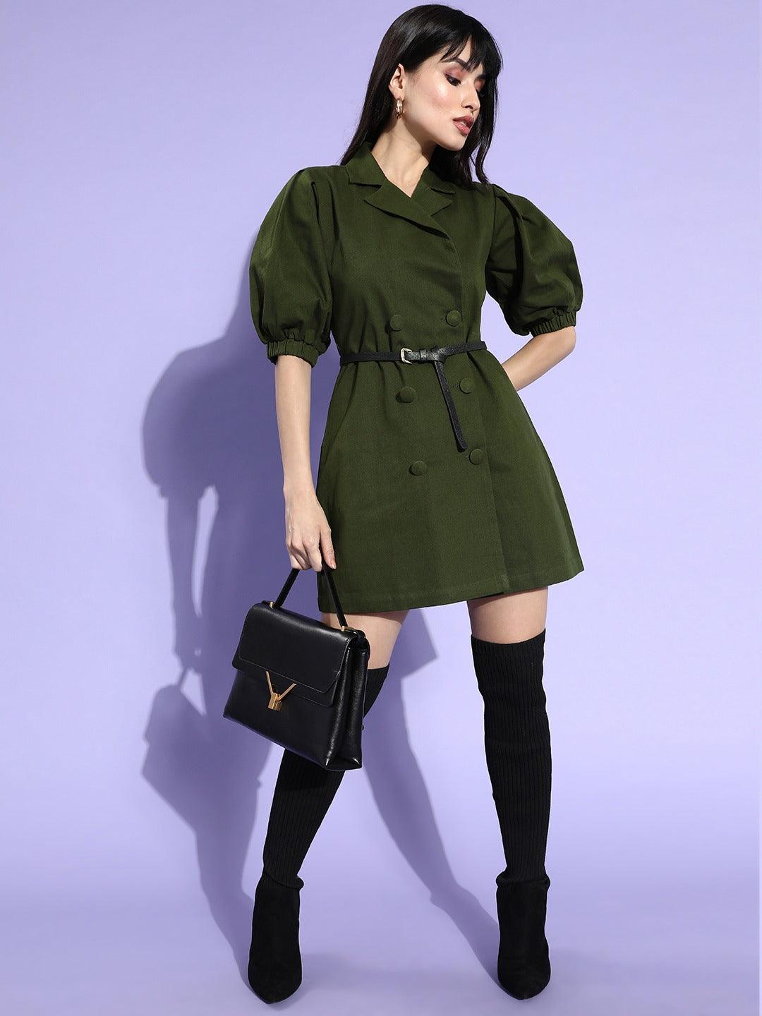 Style Quotient Women Olive Green Cotton Blazer Dress-Dresses-StyleQuotient