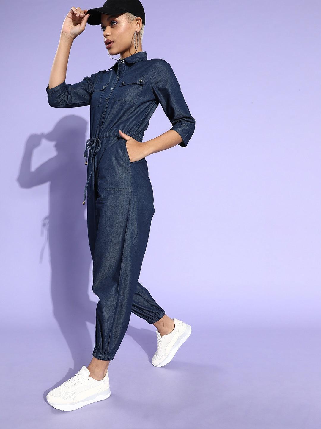 Style Quotient Women Blue Denim Cotton Basic Jumpsuit-Jumpsuits-StyleQuotient