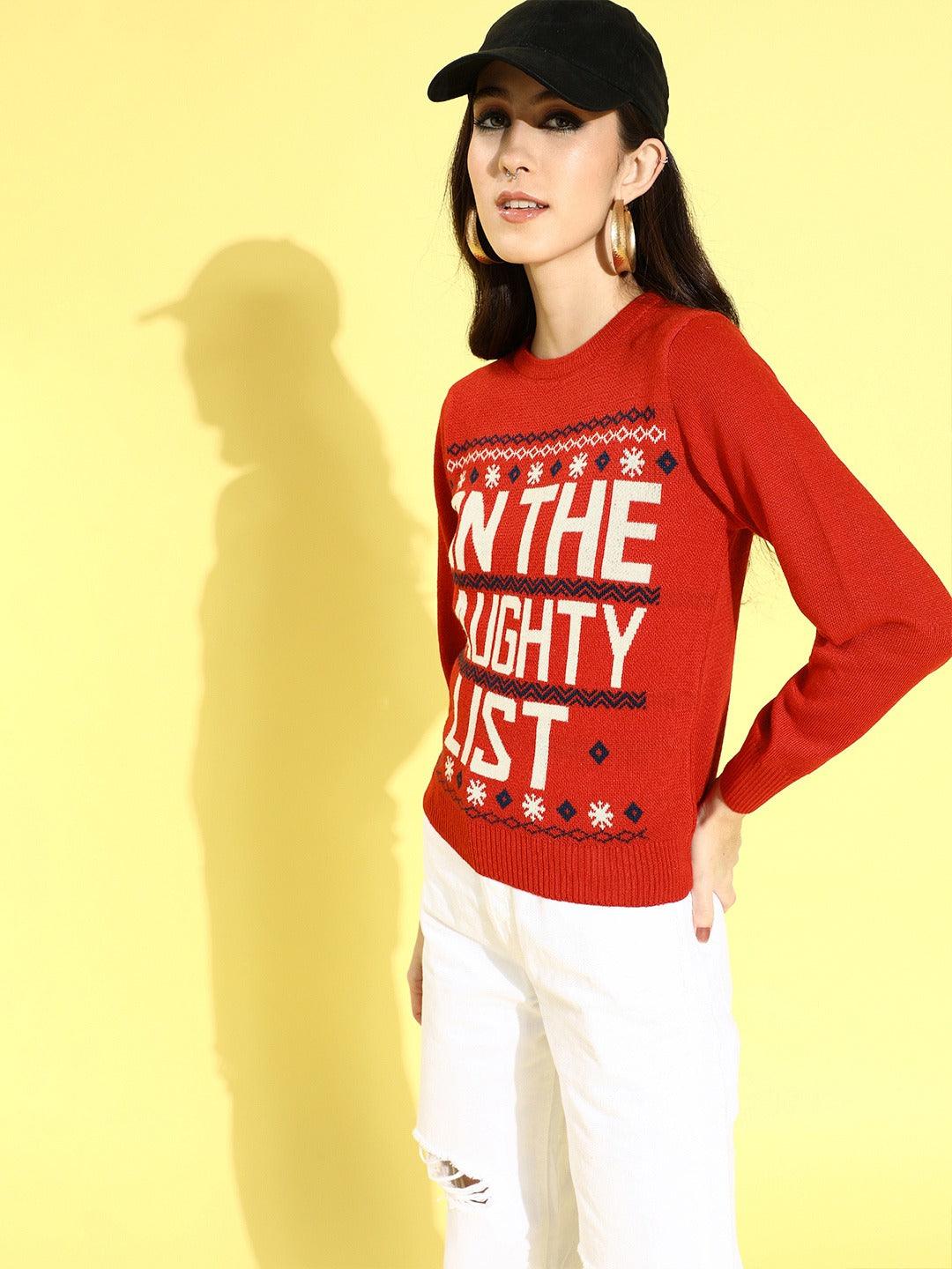 Style Quotient Women Red Typography Printed Pullover-Sweaters-StyleQuotient