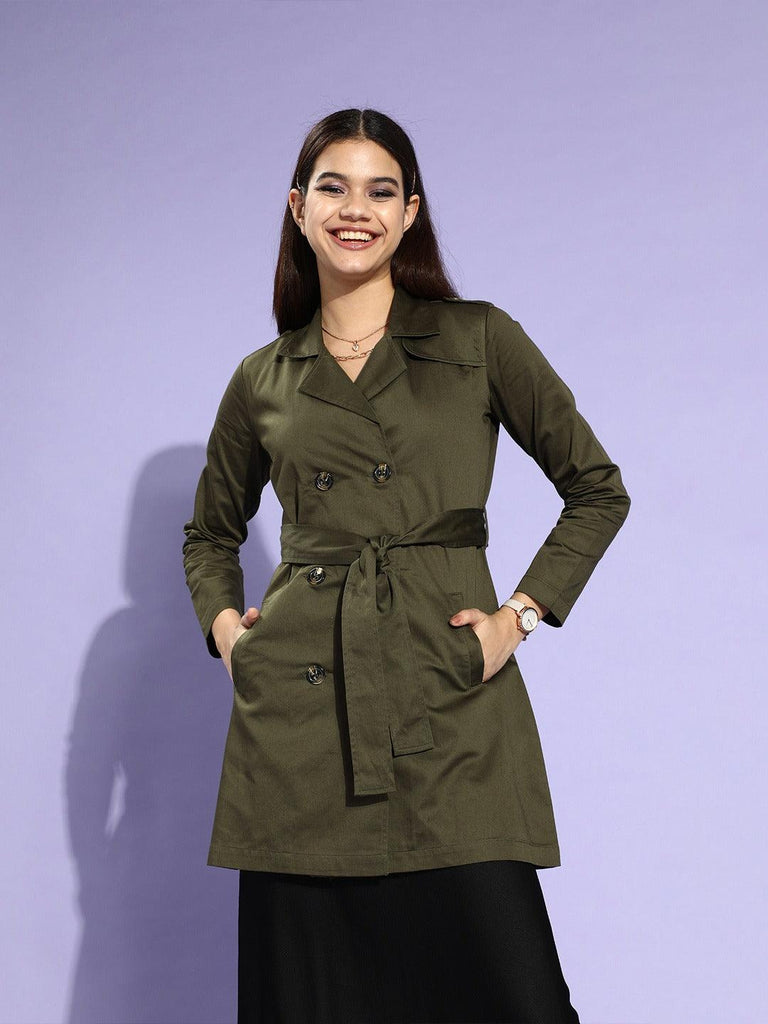 Style Quotient Women Olive Green Solid Double Breasted Trench Coat-Jackets-StyleQuotient