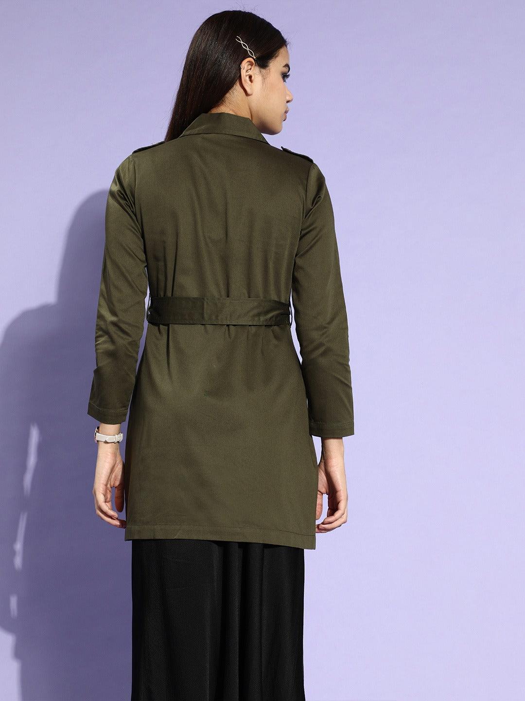 Style Quotient Women Olive Green Solid Double Breasted Trench Coat-Jackets-StyleQuotient