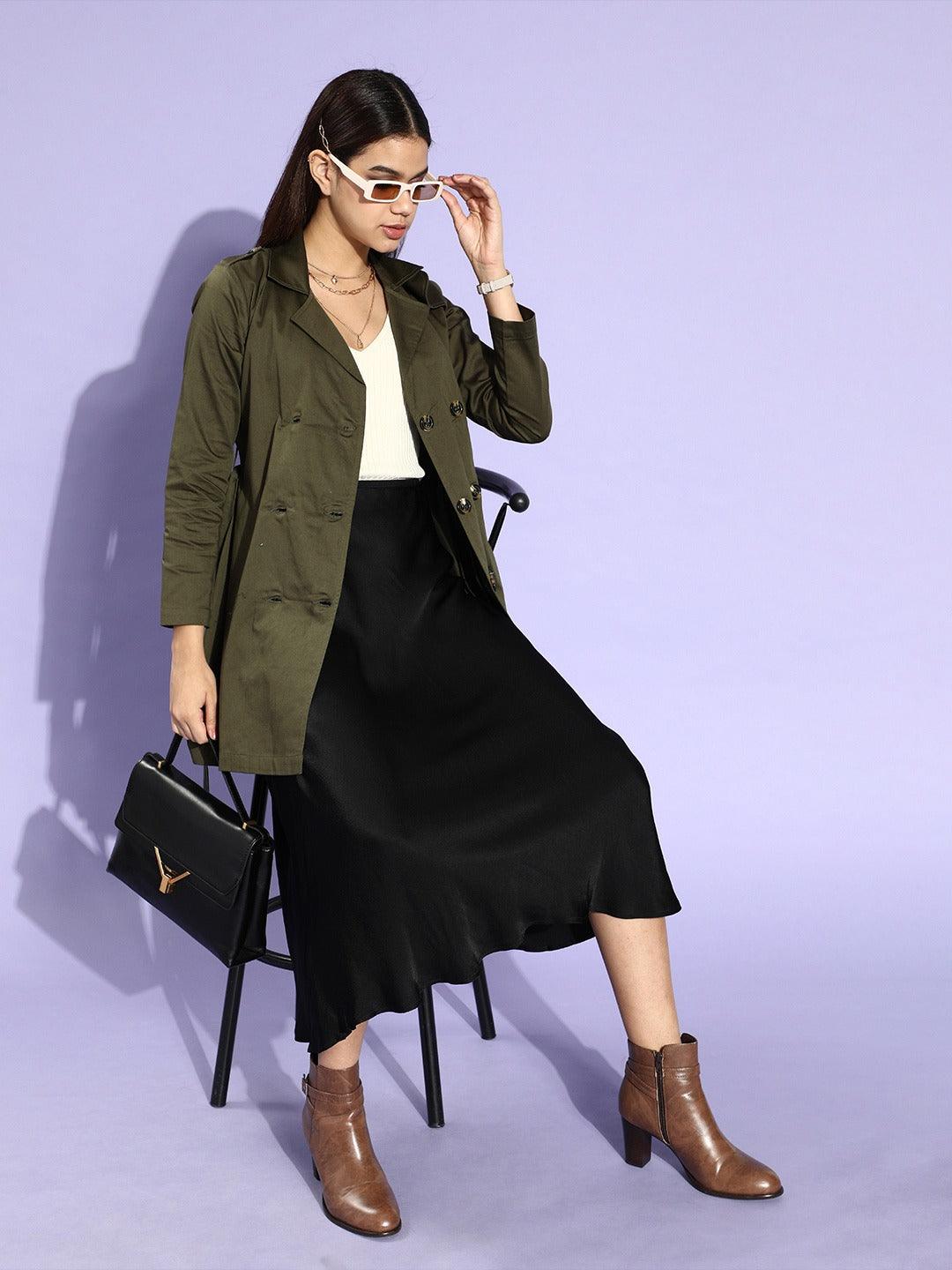 Style Quotient Women Olive Green Solid Double Breasted Trench Coat-Jackets-StyleQuotient