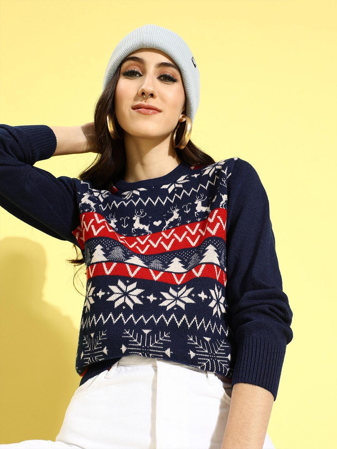 Style Quotient Women Navy Blue Printed Pullover-Sweaters-StyleQuotient