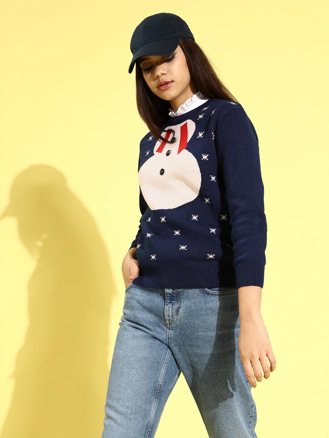Style Quotient Women Navy Blue Quirky Printed Pullover-Sweaters-StyleQuotient