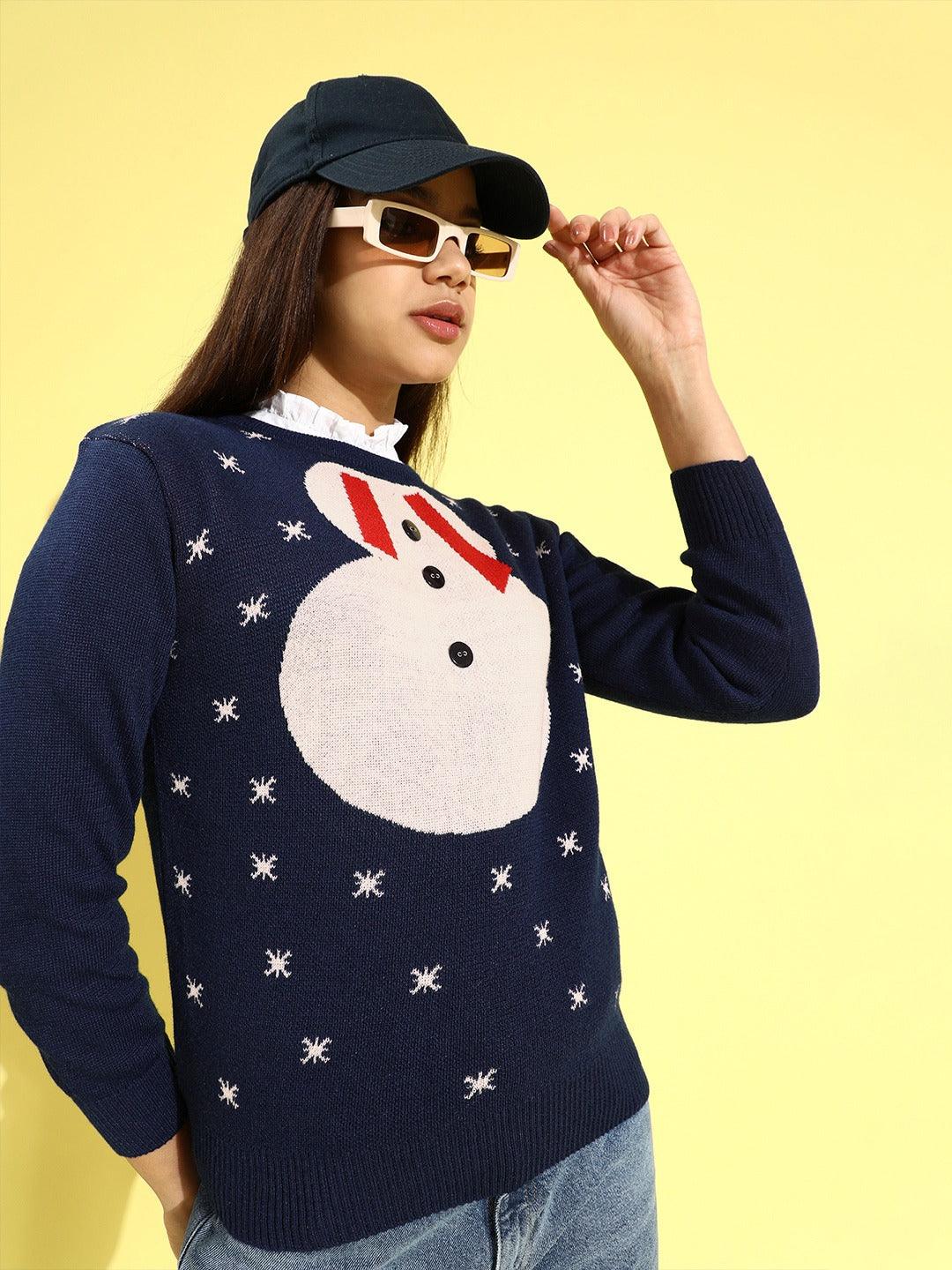 Style Quotient Women Navy Blue Quirky Printed Pullover-Sweaters-StyleQuotient