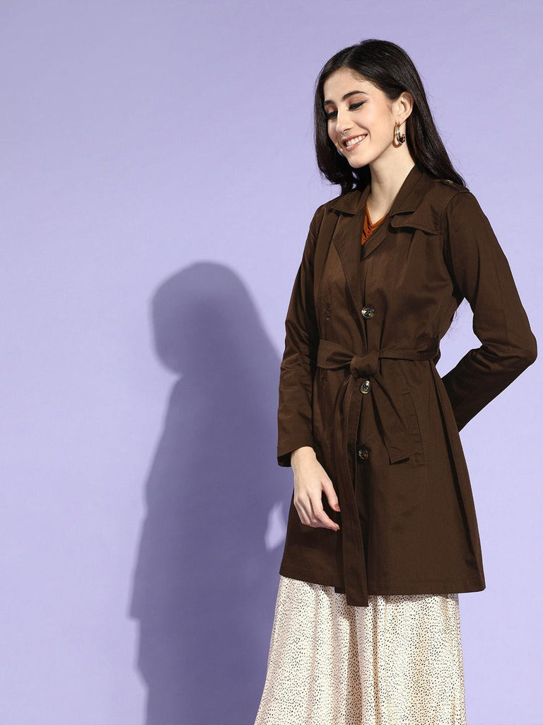 Style Quotient Women Brown Solid Double Breasted Trench Coat-Jackets-StyleQuotient