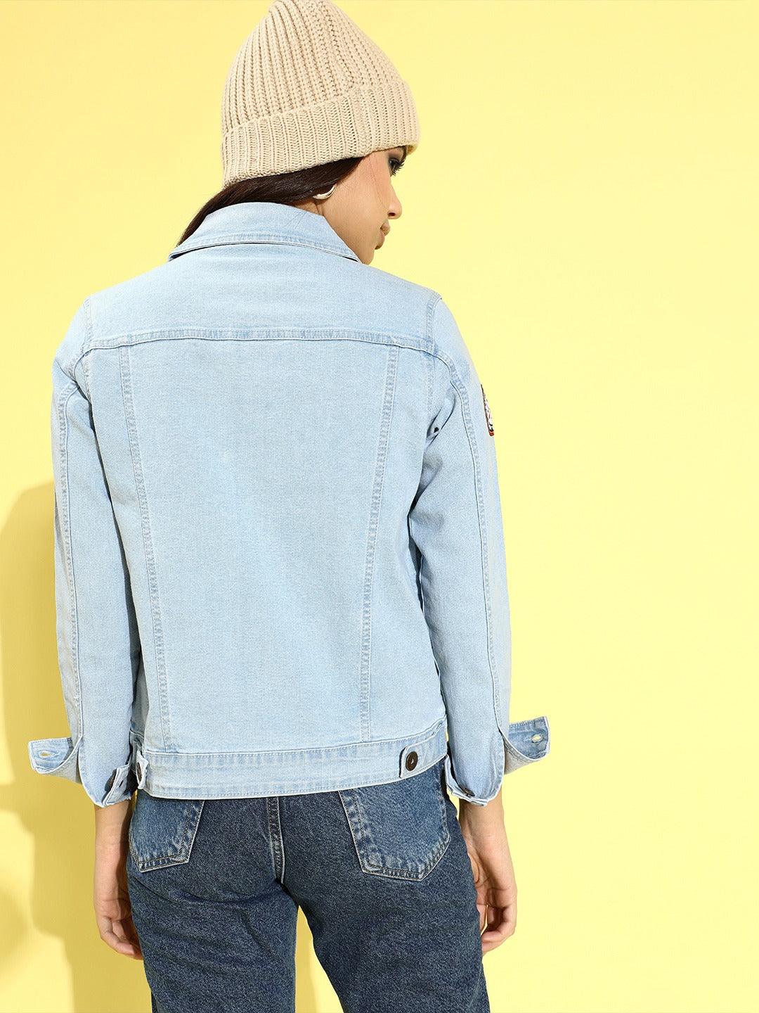 Style Quotient Women Blue Washed Cotton Patchwork Denim Trucker Jacket-Jackets-StyleQuotient