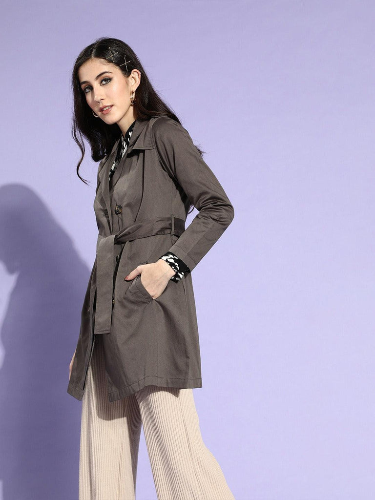 Style Quotient Women Grey Solid Double Breasted Trench Coat-Jackets-StyleQuotient