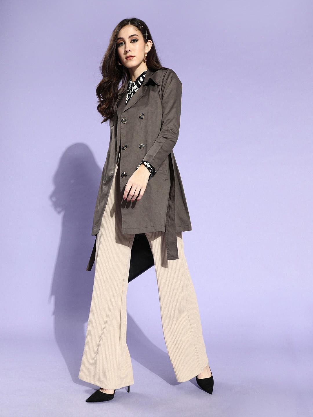 Style Quotient Women Grey Solid Double Breasted Trench Coat-Jackets-StyleQuotient