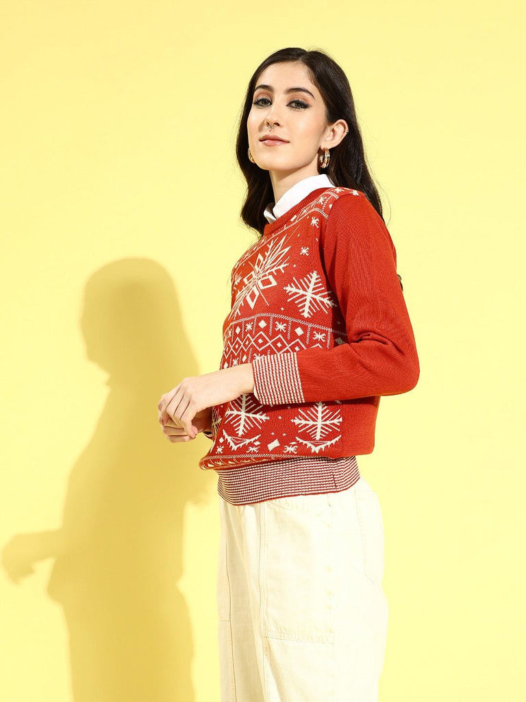 Style Quotient Women Red Printed Pullover-Sweaters-StyleQuotient