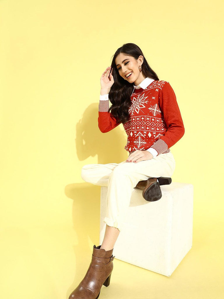 Style Quotient Women Red Printed Pullover-Sweaters-StyleQuotient