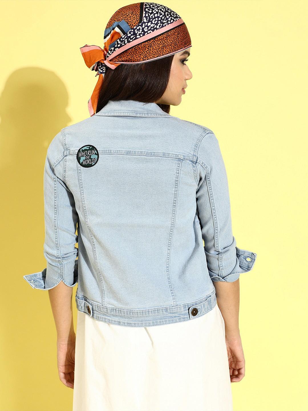 Style Quotient Women Blue Washed Cotton Patchwork Denim Trucker Jacket-Jackets-StyleQuotient