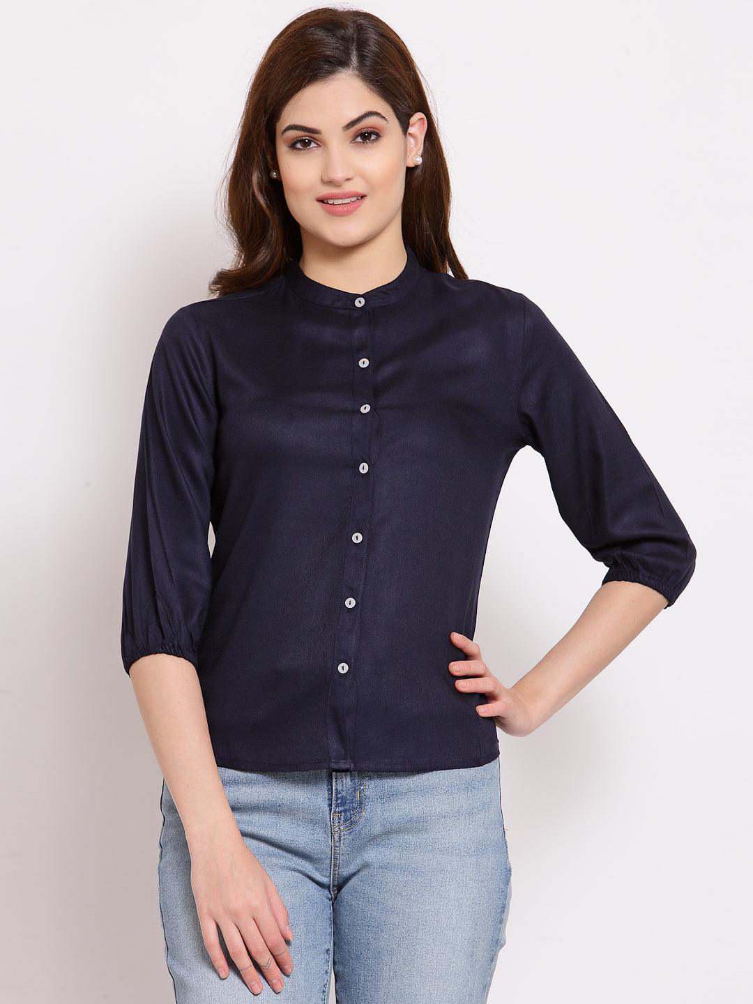 Style Quotient Women Solid Navy Polyester Formal Shirt-Shirts-StyleQuotient