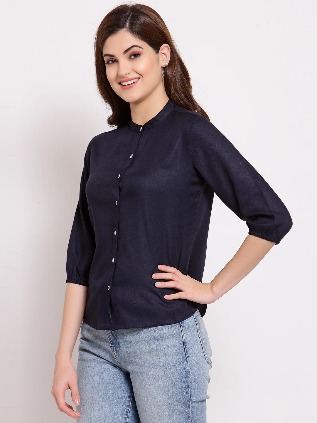 Style Quotient Women Solid Navy Polyester Formal Shirt-Shirts-StyleQuotient