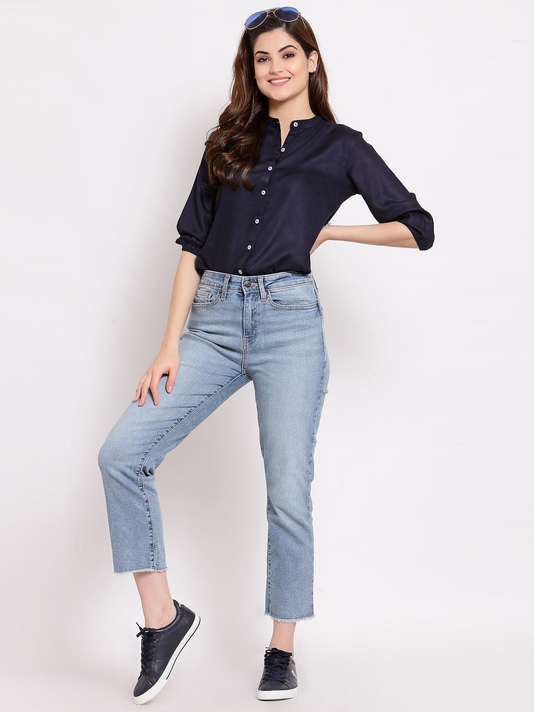 Style Quotient Women Solid Navy Polyester Formal Shirt-Shirts-StyleQuotient