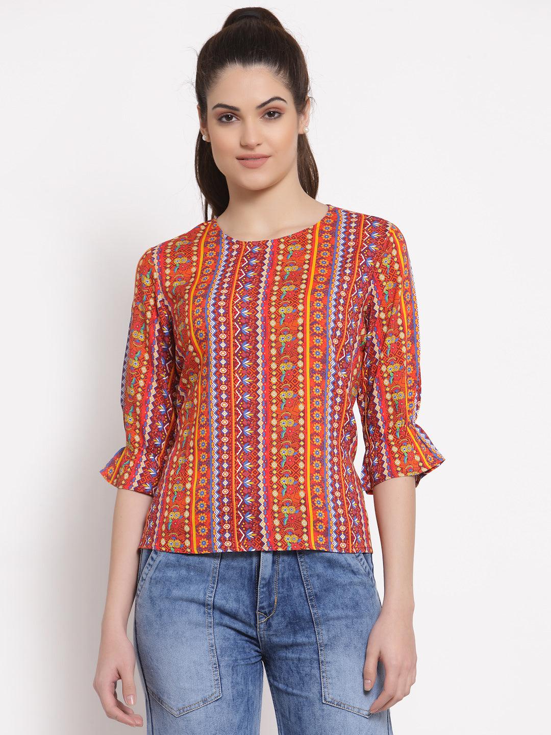 Style Quotient Women Orange And Multi Ethnic Printed Polyester Smart Casual Top-Tops-StyleQuotient